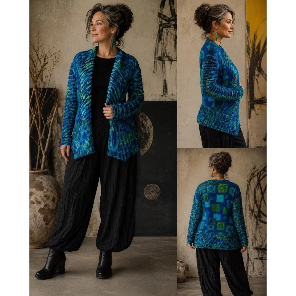 FIBER ARTIST Sz‎ L ? Shirred Floral Textile Art 2 Wear Jacket Blue Green